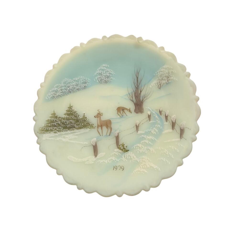 Fenton Custard Satin Uranium Glass 8" Plate Deer Winter 1979 Signed
